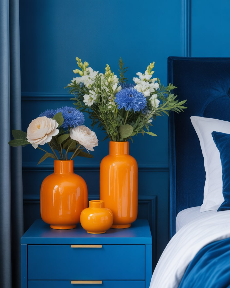Bright tangerine vases bringing a pop of color to the bedroom decor.