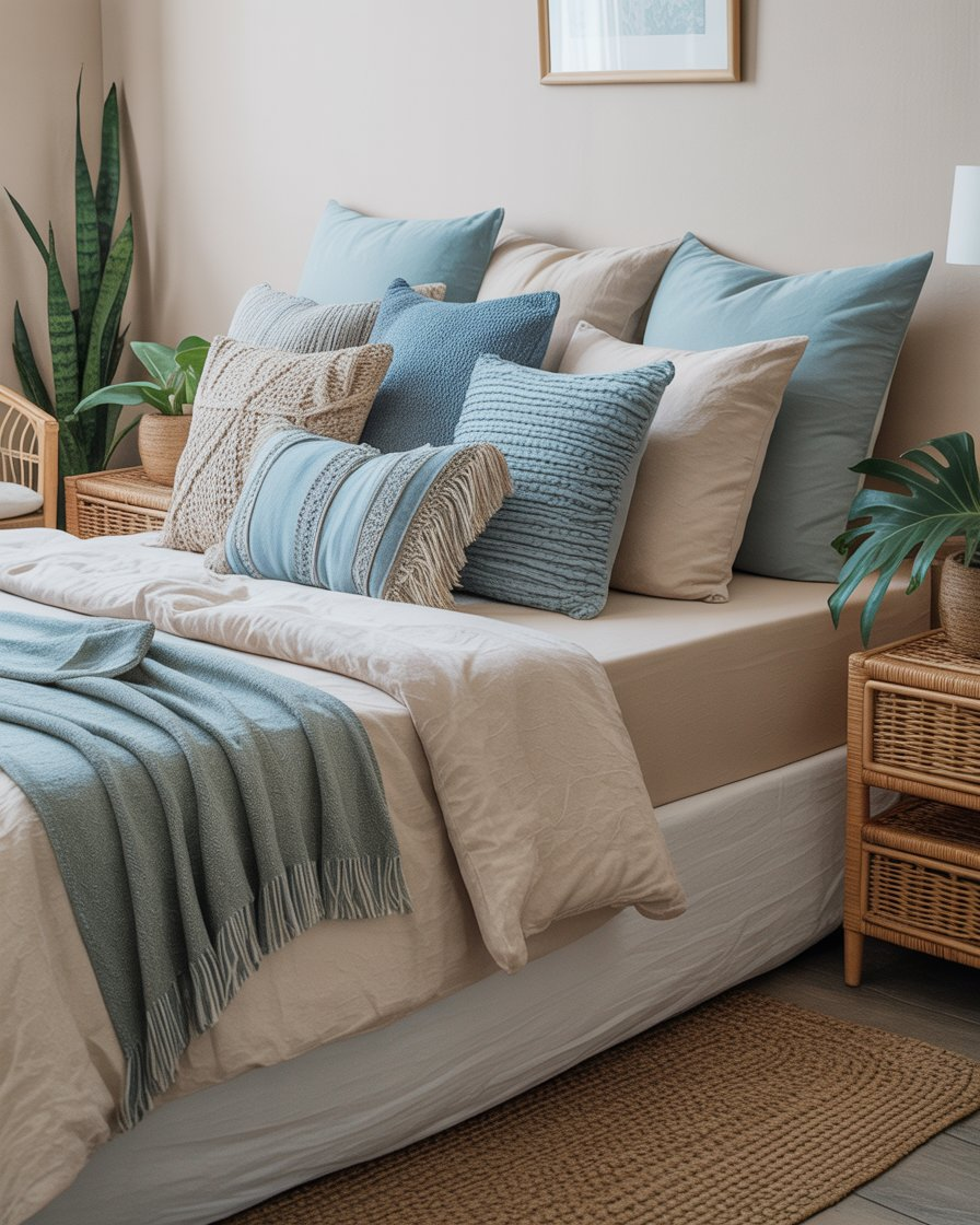 A boho bedroom with layered light blue pillows creating a relaxed and comfortable atmosphere.