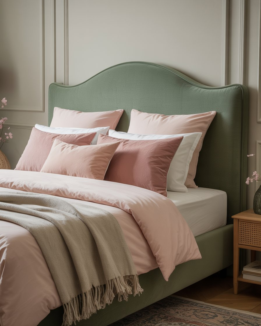 Bedroom with sage green furniture and blush pink accents.