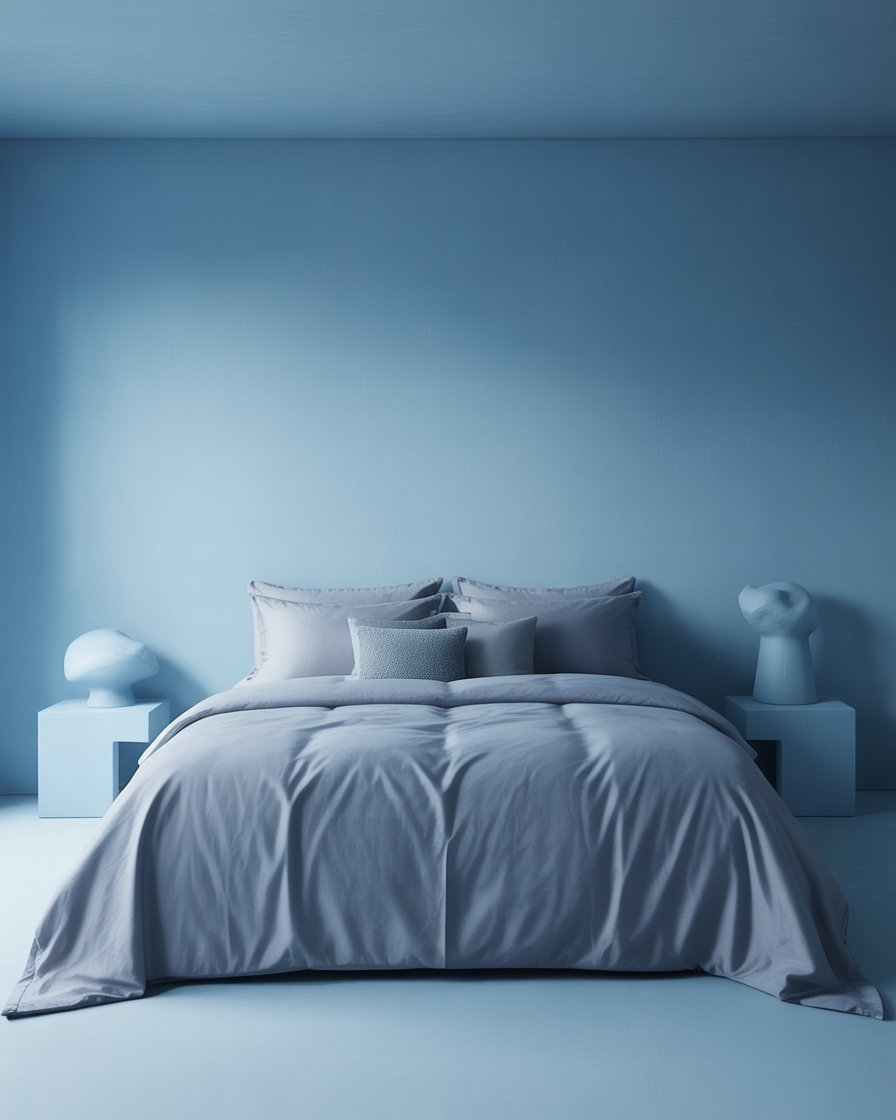 A modern bedroom with soft blue and gray tones, offering a relaxed and serene vibe.