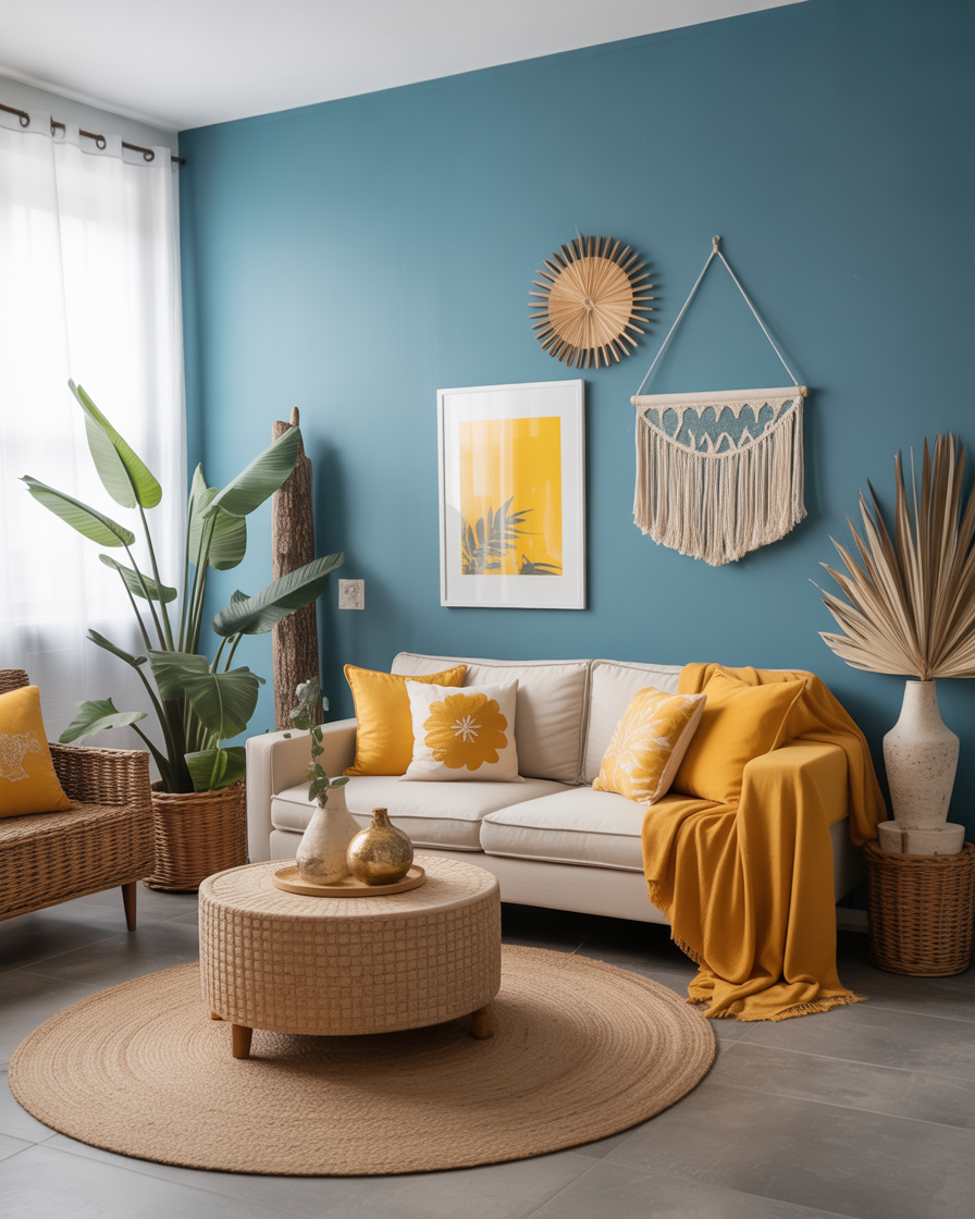 Blue and yellow accent wall adding depth and warmth to a boho living room.