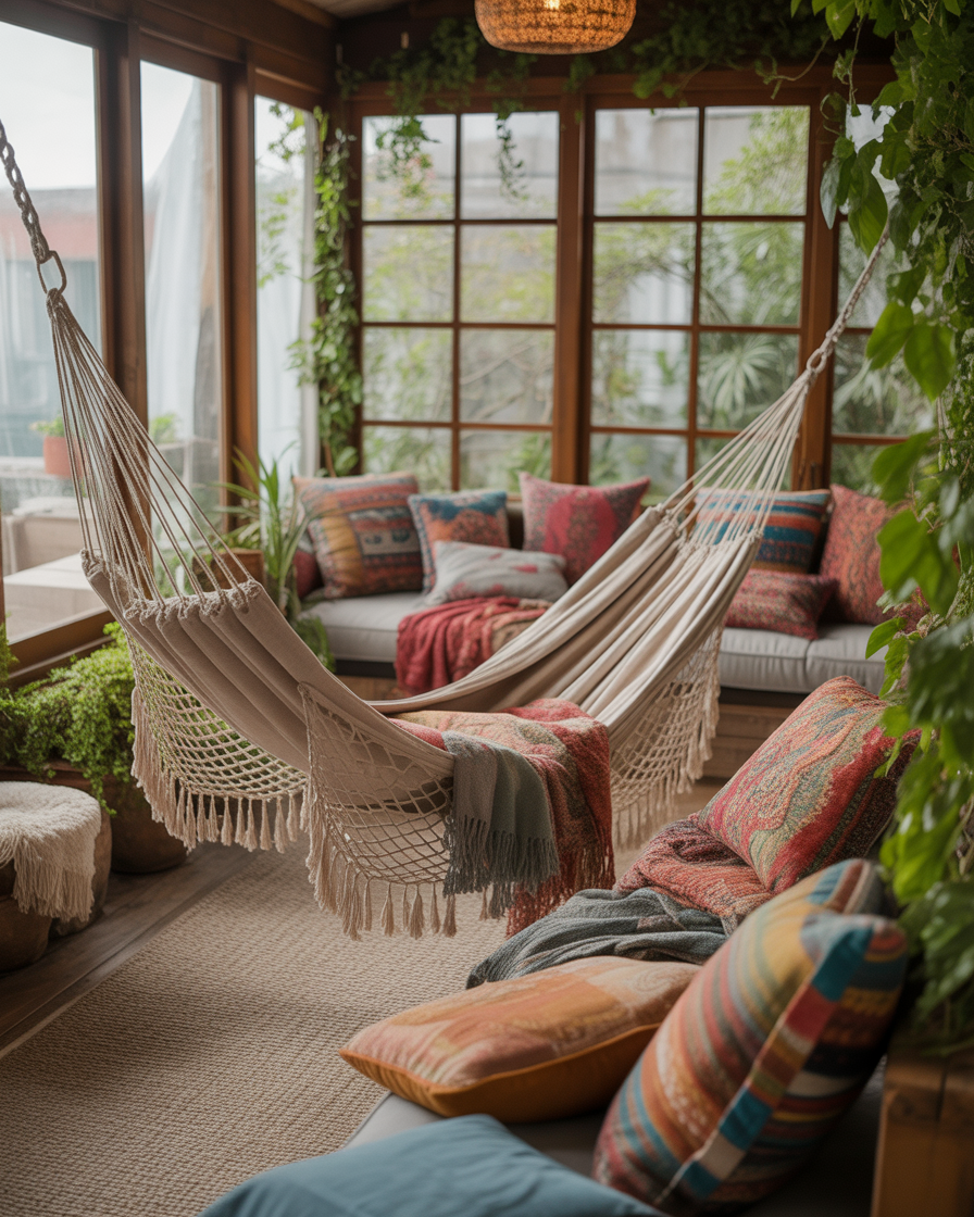 Relaxing hammock in a dreamy boho sunroom.