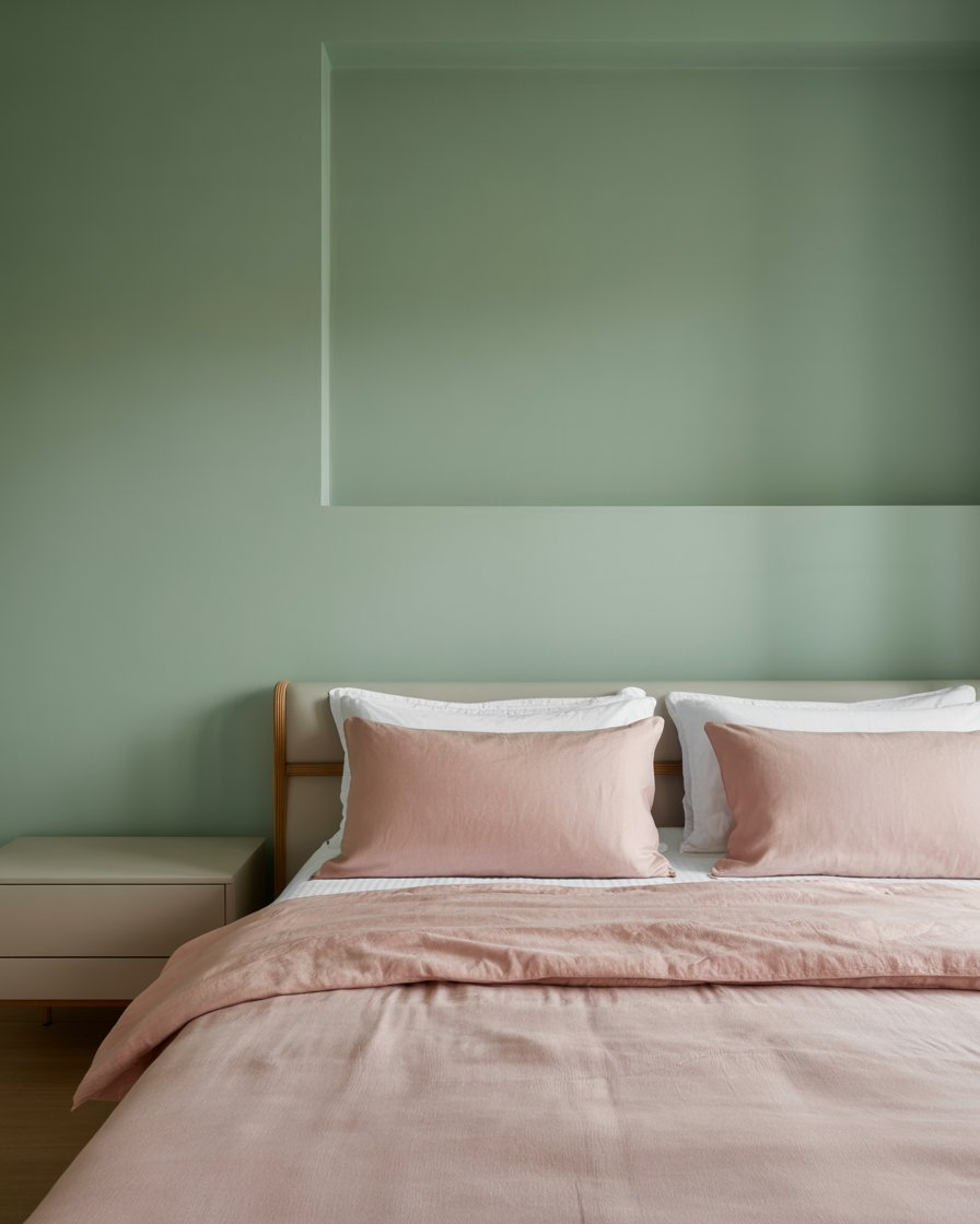  Modern bedroom with sage green and blush decor for a minimalist look.