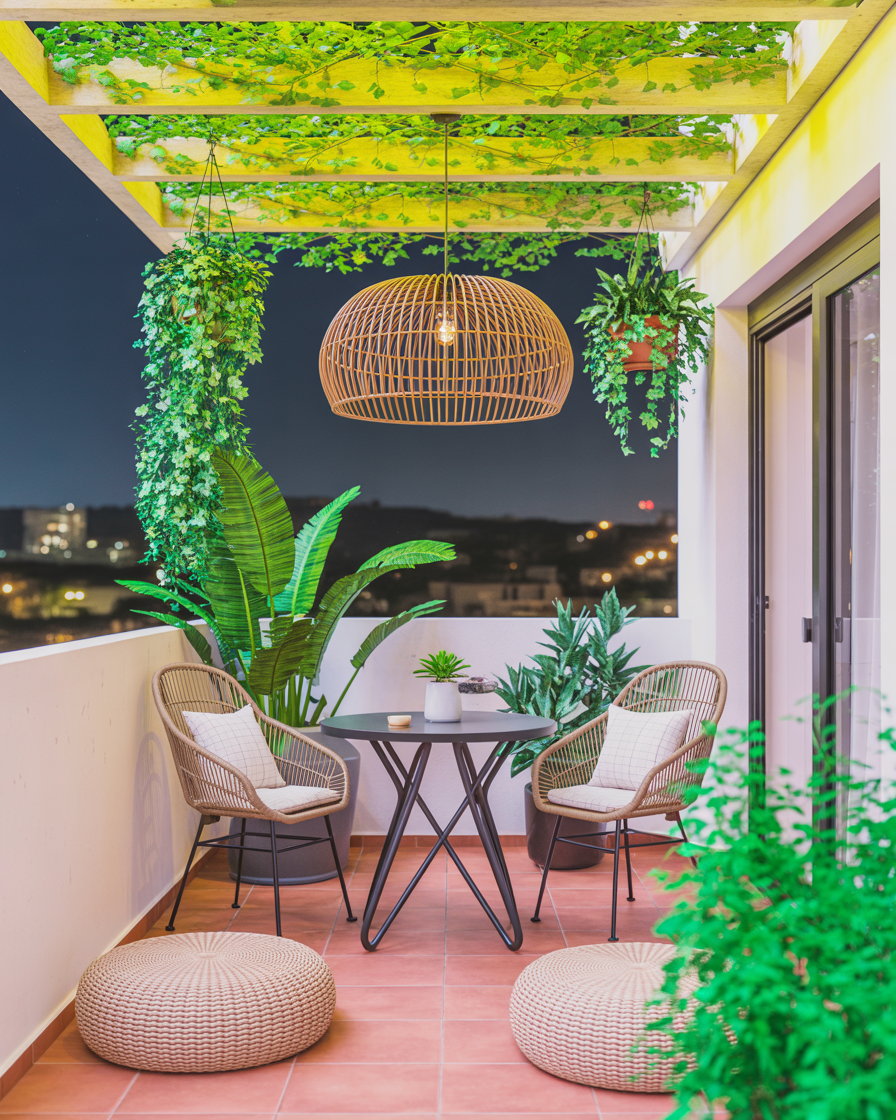 Boho balcony with hanging pendant lamp and cozy night dining setup
