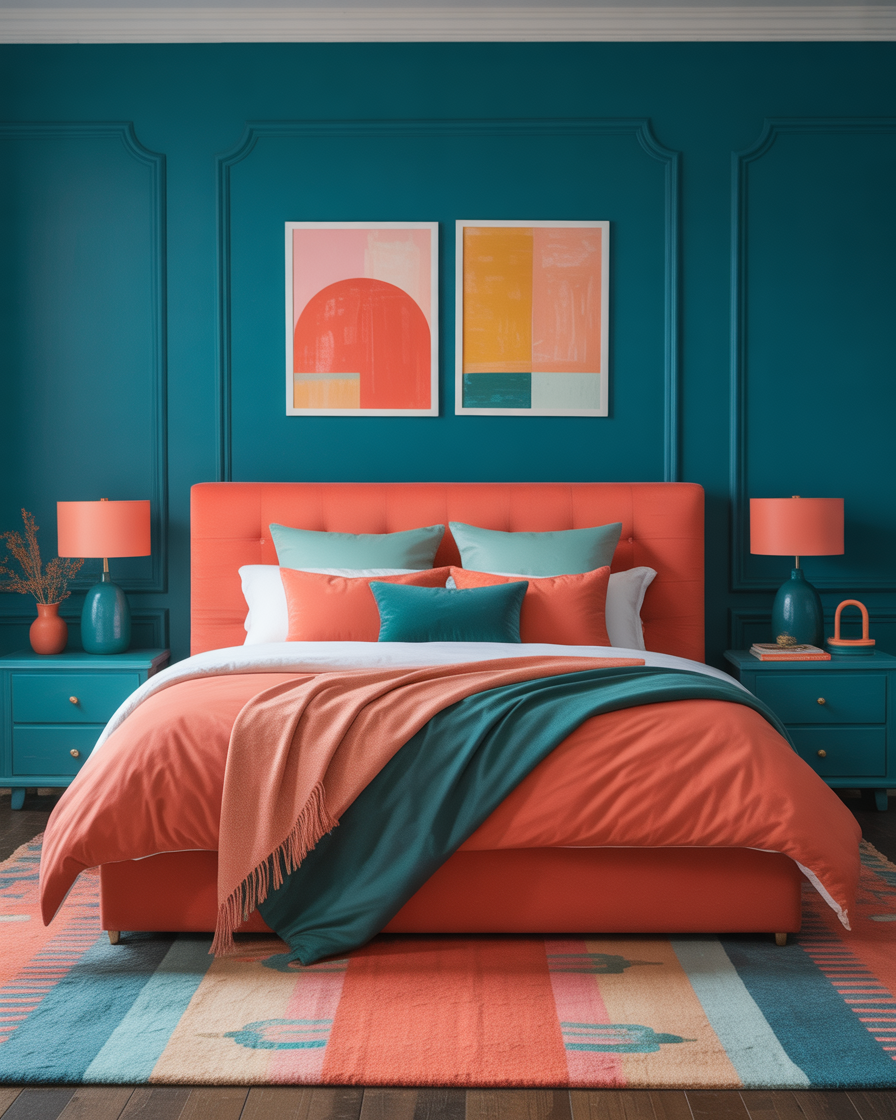 Playful bedroom with teal walls and coral bedding for an energetic atmosphere.