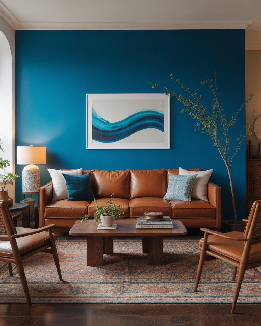 Cozy living room with blue throws and brown pillows layering textures in the space.