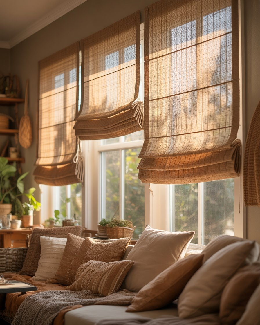 Jute roman shades in a cozy boho living room.