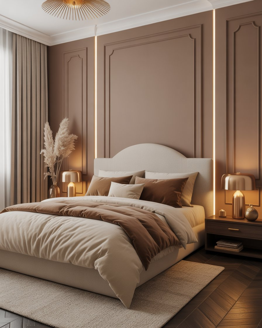 Elegant taupe bedroom with soft gold details for a luxurious, warm feel.