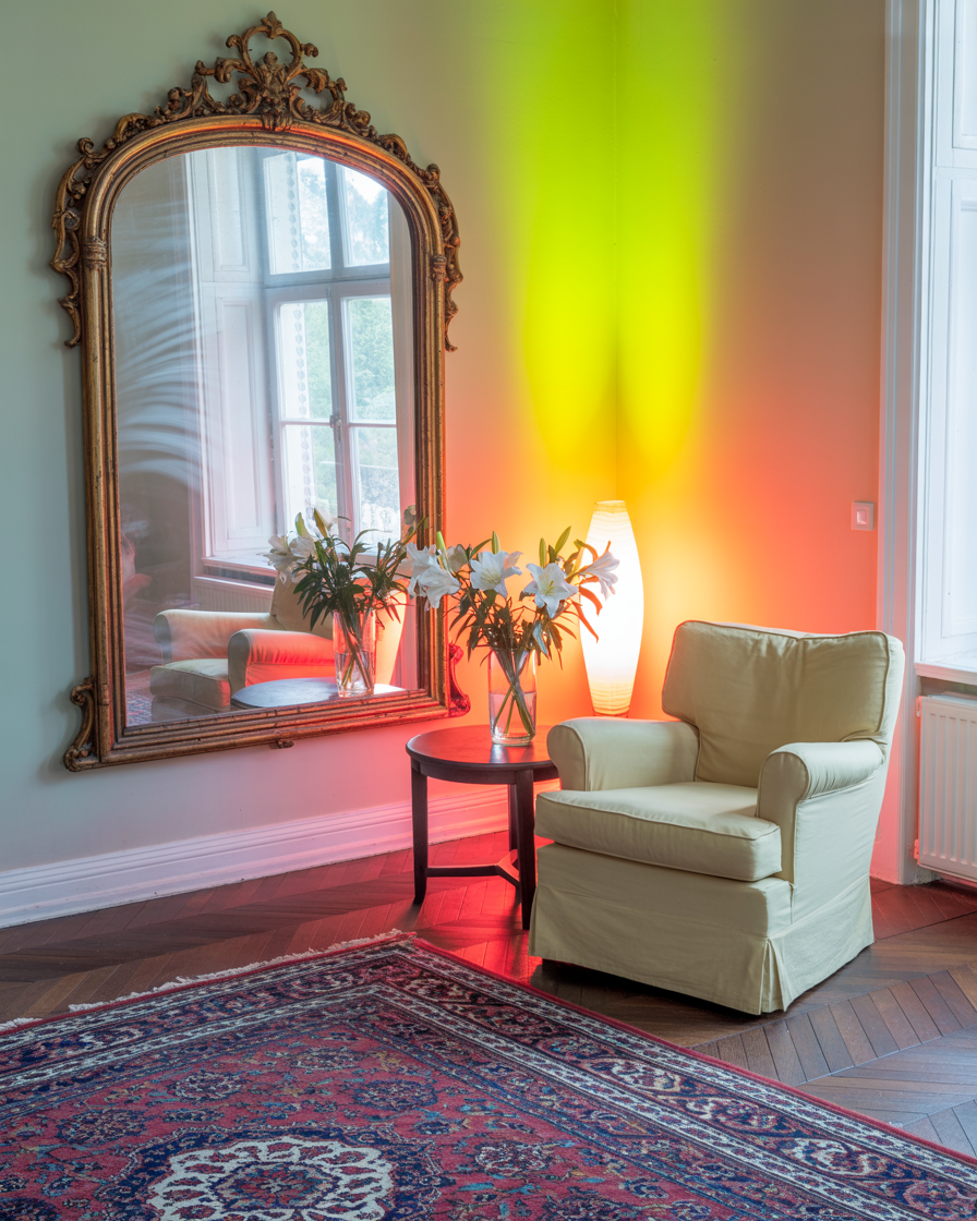 Visual space expansion using mirrors and transparent furniture