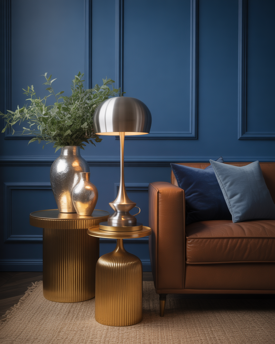 Glam living room with metallic gold accents paired with blue and brown tones for a luxurious look.