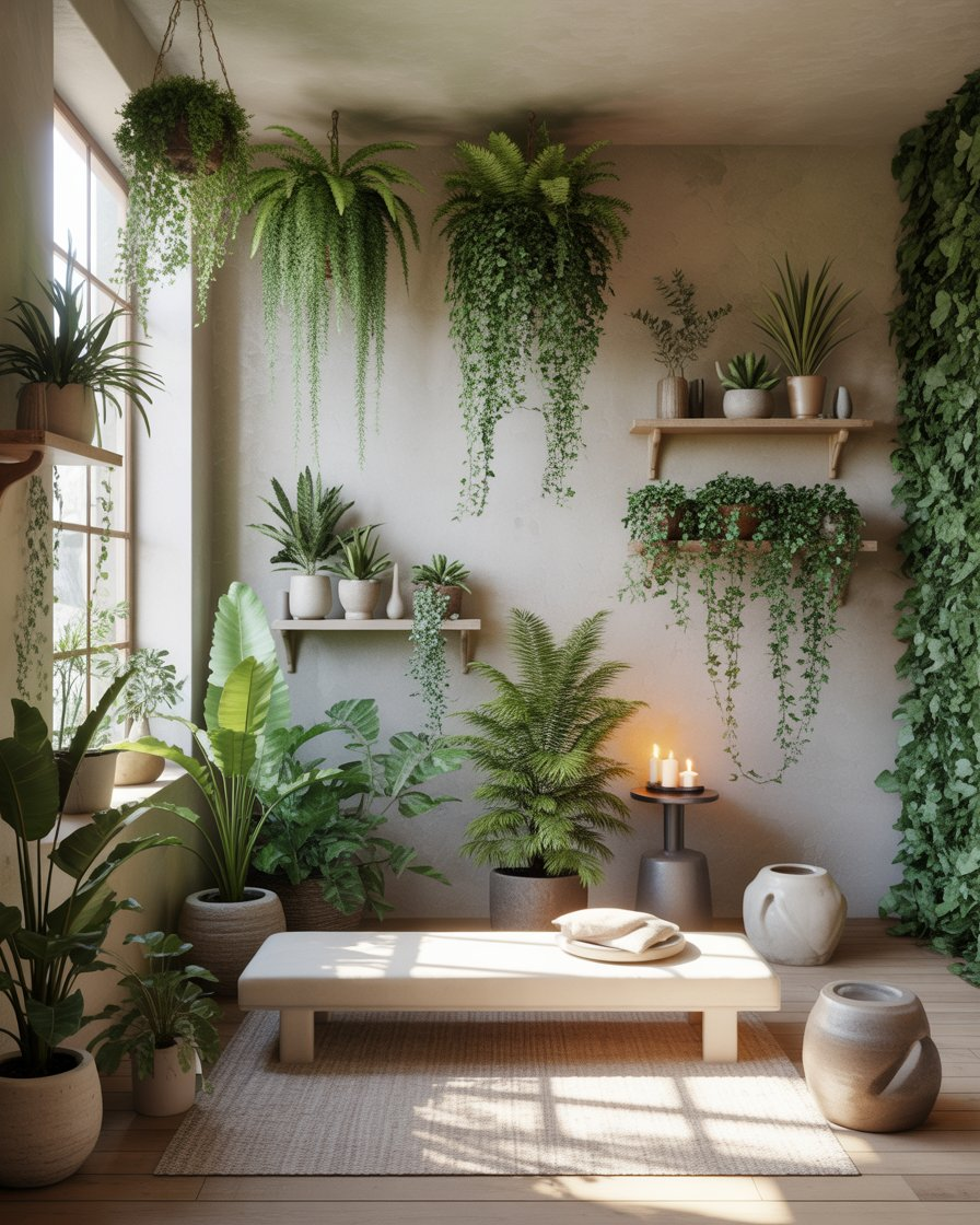 Indoor garden space with hanging plants and greenery.