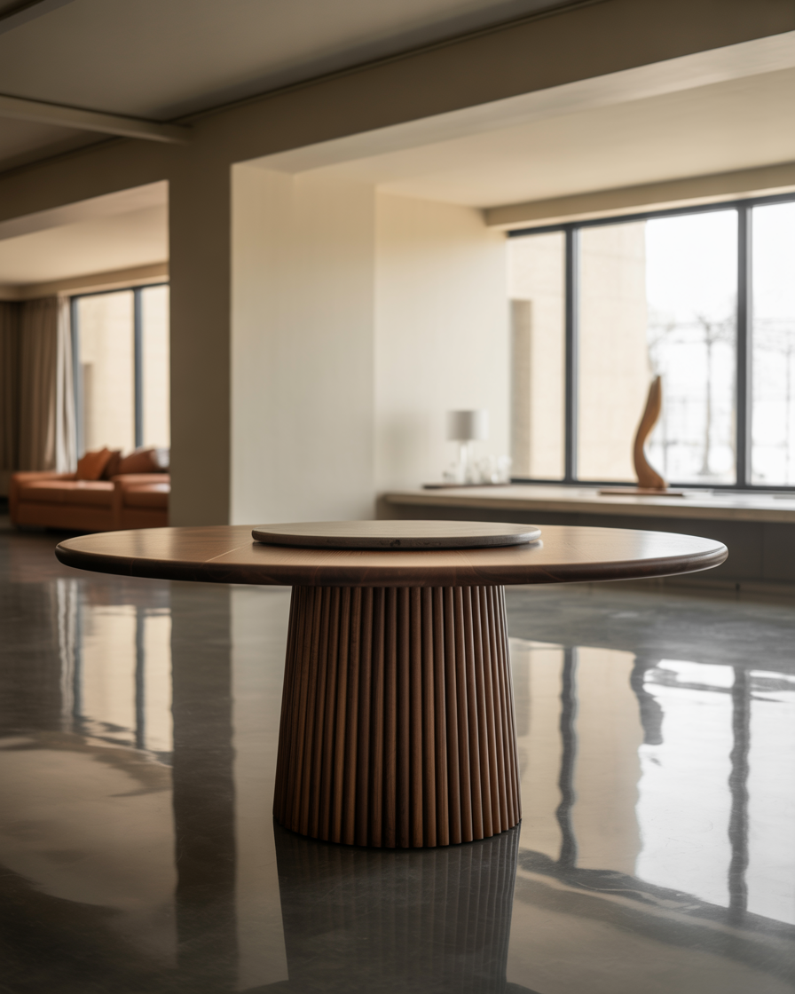 Round dining table with a fluted base in an elegant mid-century modern dining room.