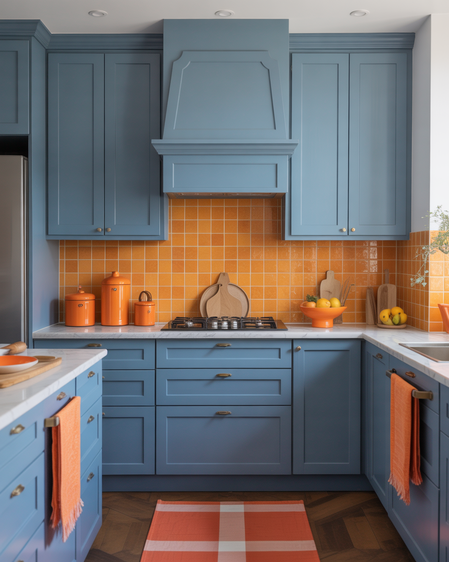 Modern blue kitchen featuring orange accents for a balanced and lively atmosphere.