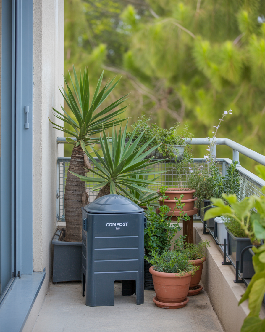 Sustainable balcony garden with composting bin and lush plants