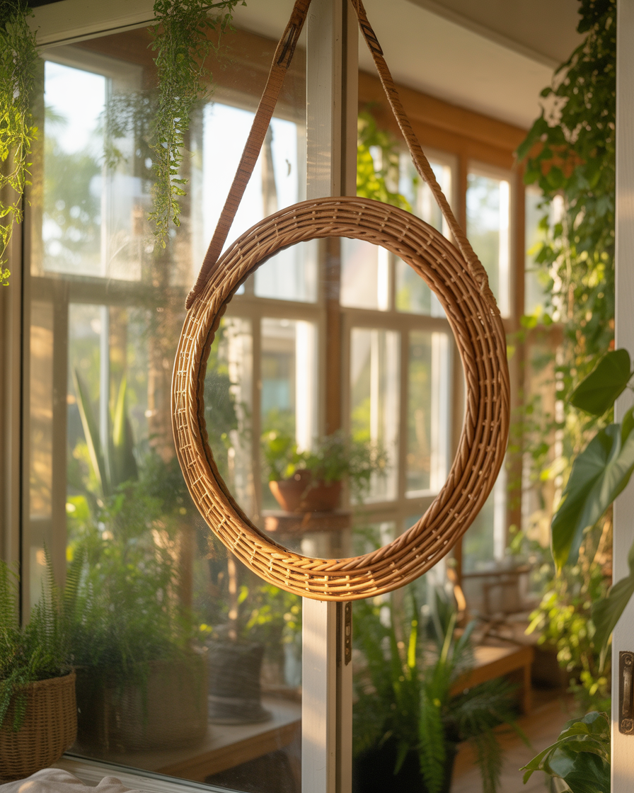 Rattan-framed mirror in a boho sunroom.