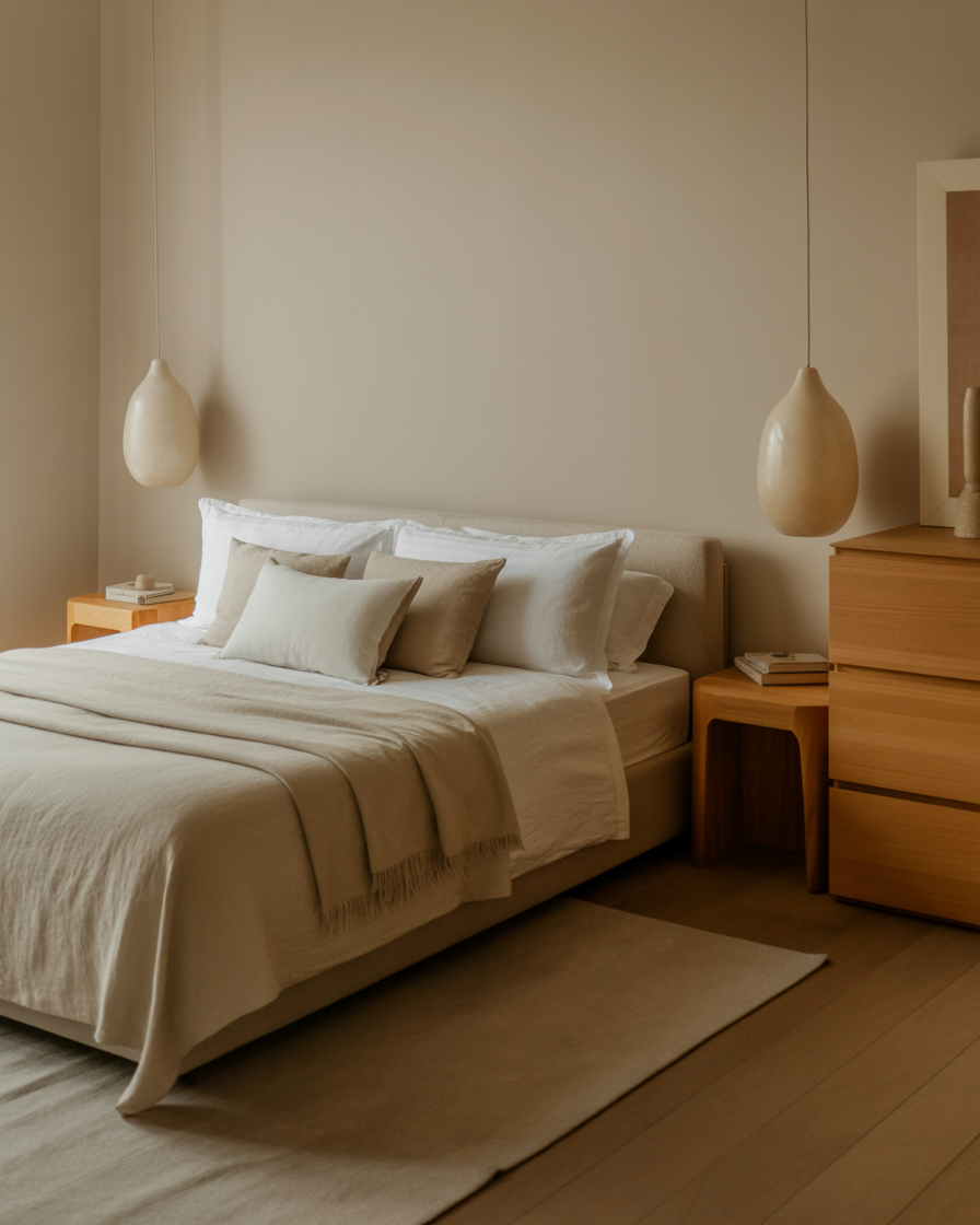 A minimalist bedroom with clean lines, neutral colors, and calm, simple decor.
