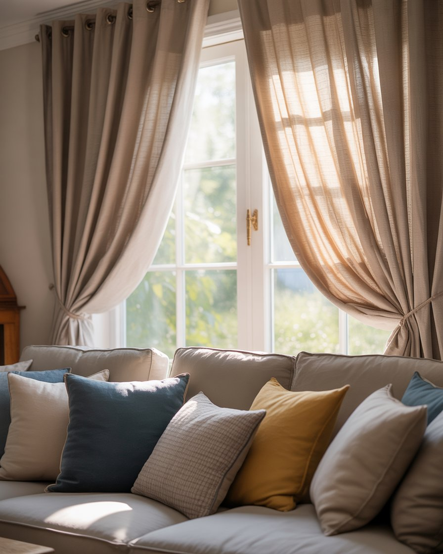 Family room with neutral-colored curtains creating an elegant, light-filled space.
