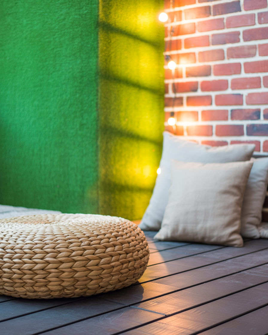 Balcony textures highlighted by soft warm lighting at night