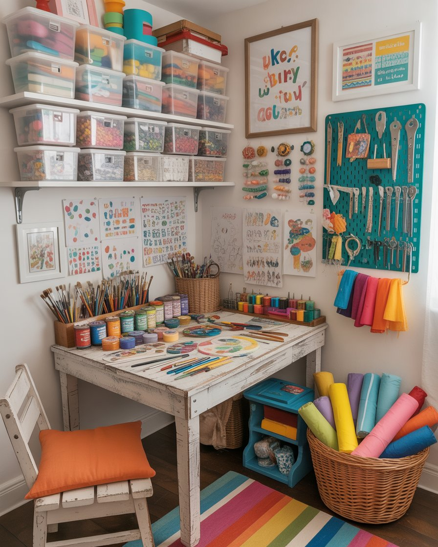 Crafting corner with table and colorful project displays.