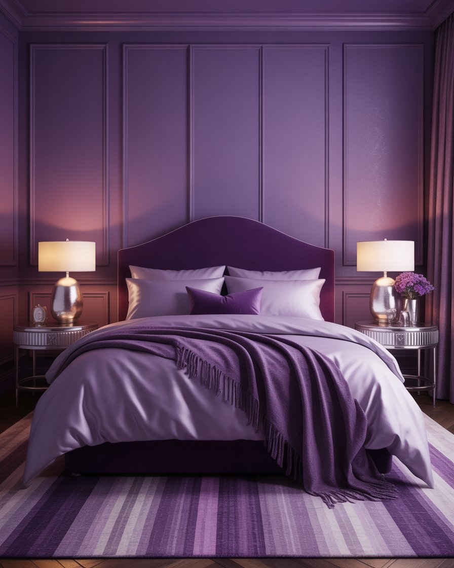 Elegant master bedroom with deep purple and silver accents for a luxurious feel.
