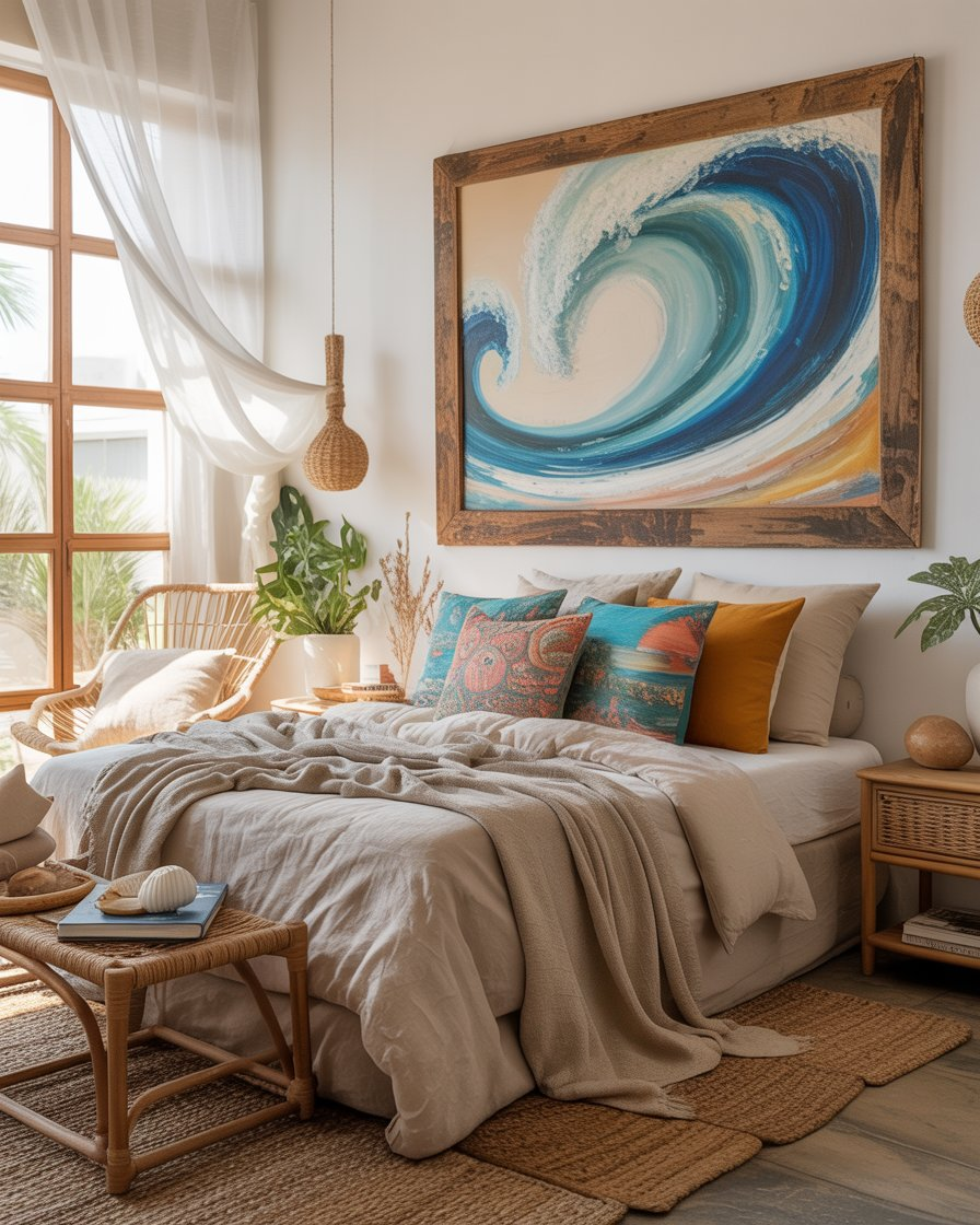 Boho coastal bedroom with abstract ocean artwork above the bed.