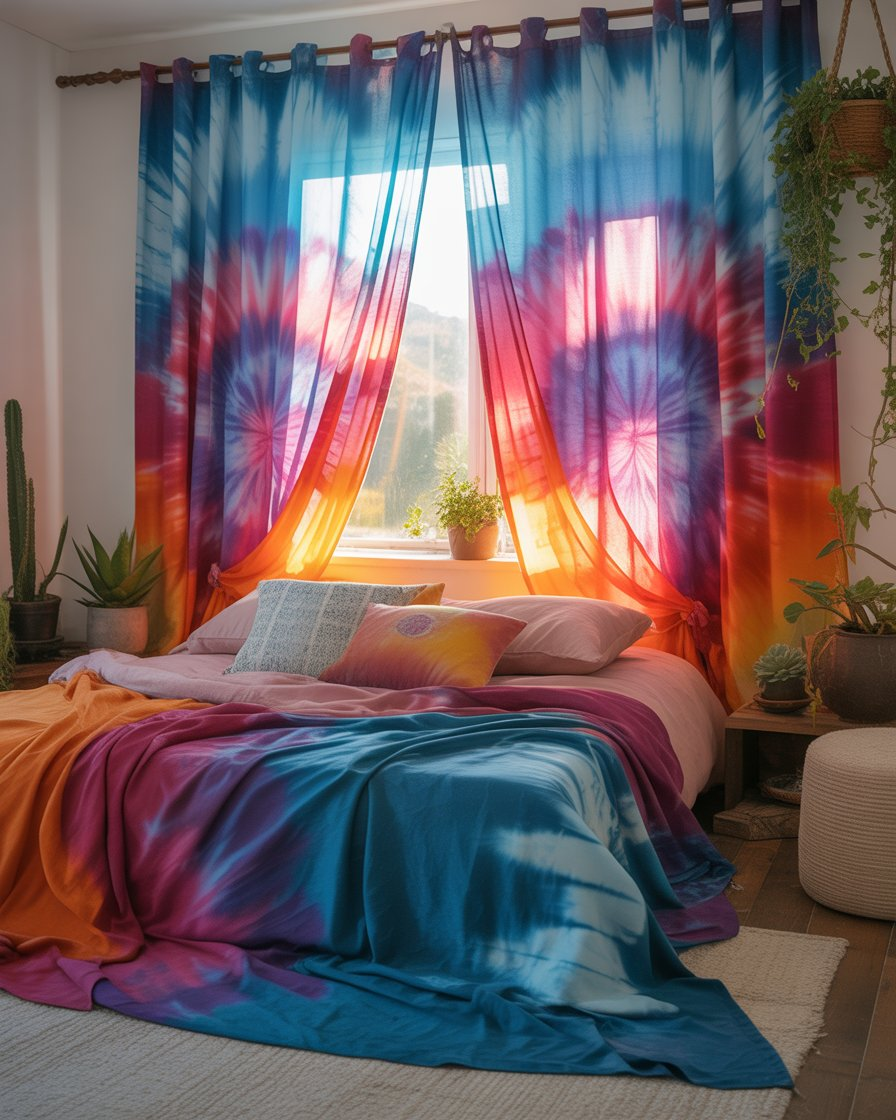 Vibrant tie-dye curtains in a boho bedroom.