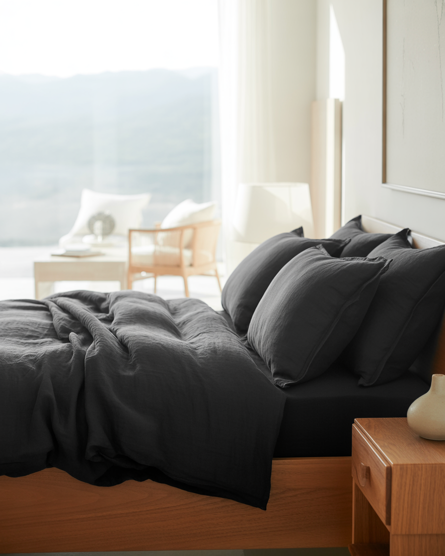 A black linen duvet on a wooden bed frame, creating a warm and stylish contrast.