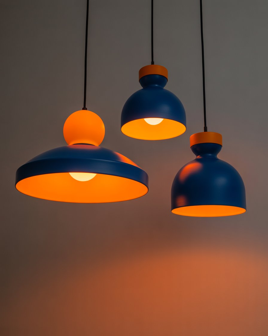 iving room with unique blue pendant lighting and an orange bulb, creating a warm, vibrant glow.