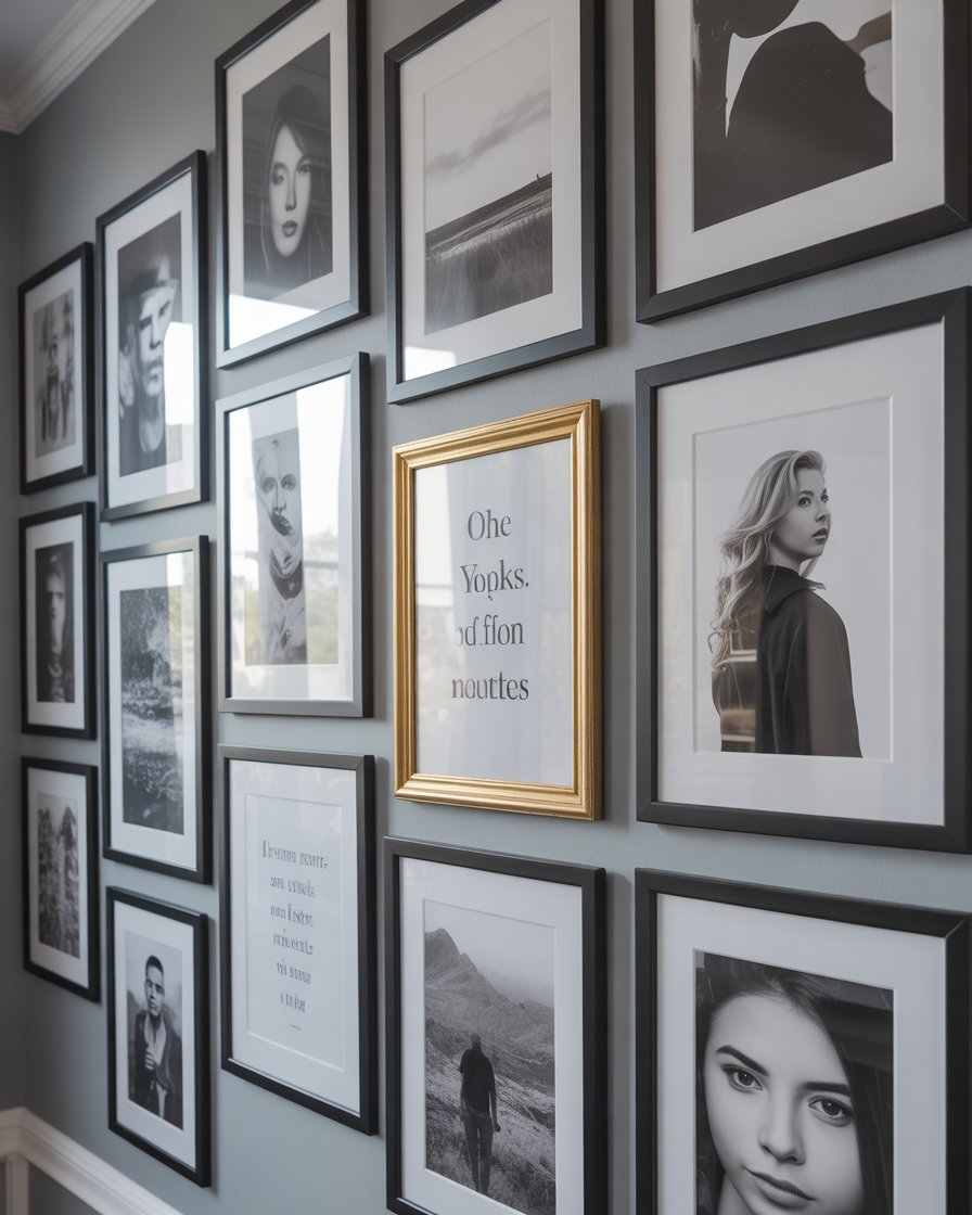 Gallery wall with framed artwork and personal photos.