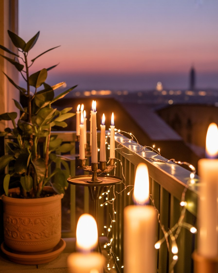 Balcony illuminated by candle stands, creating a calm and romantic atmosphere.