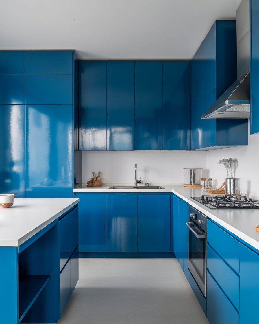 Deep sky blue kitchen cabinets with white countertops and sleek appliances for a vibrant, yet classy kitchen design.