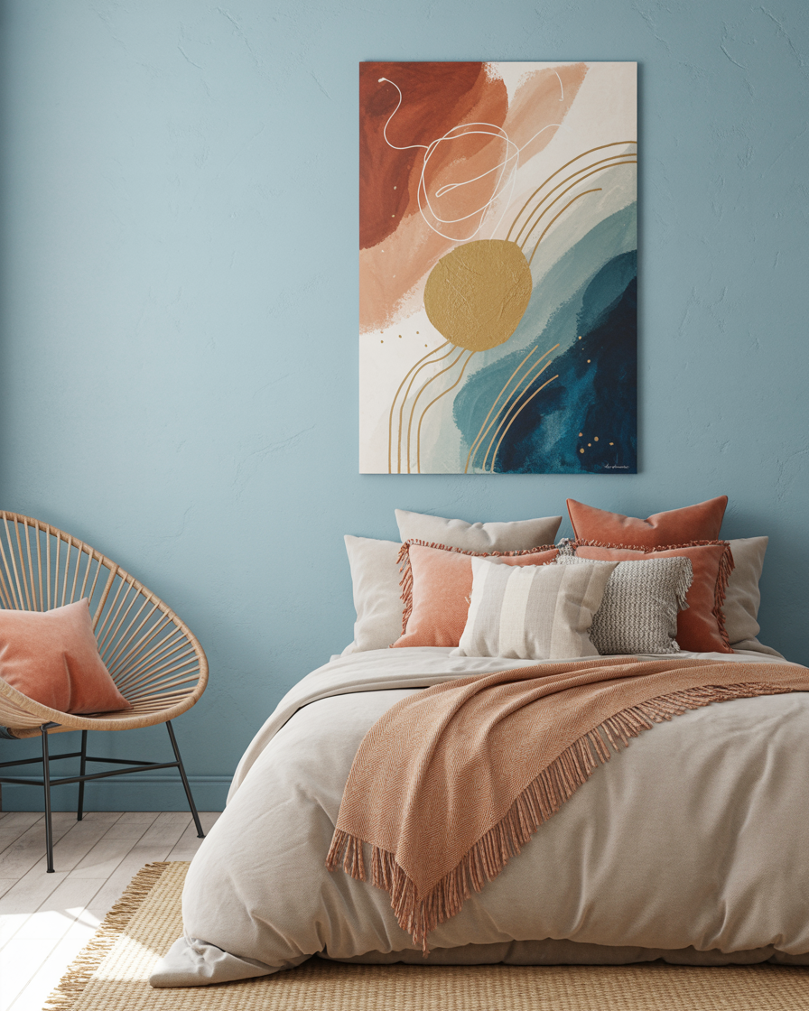 A boho bedroom with a light blue accent wall and boho-inspired artwork.