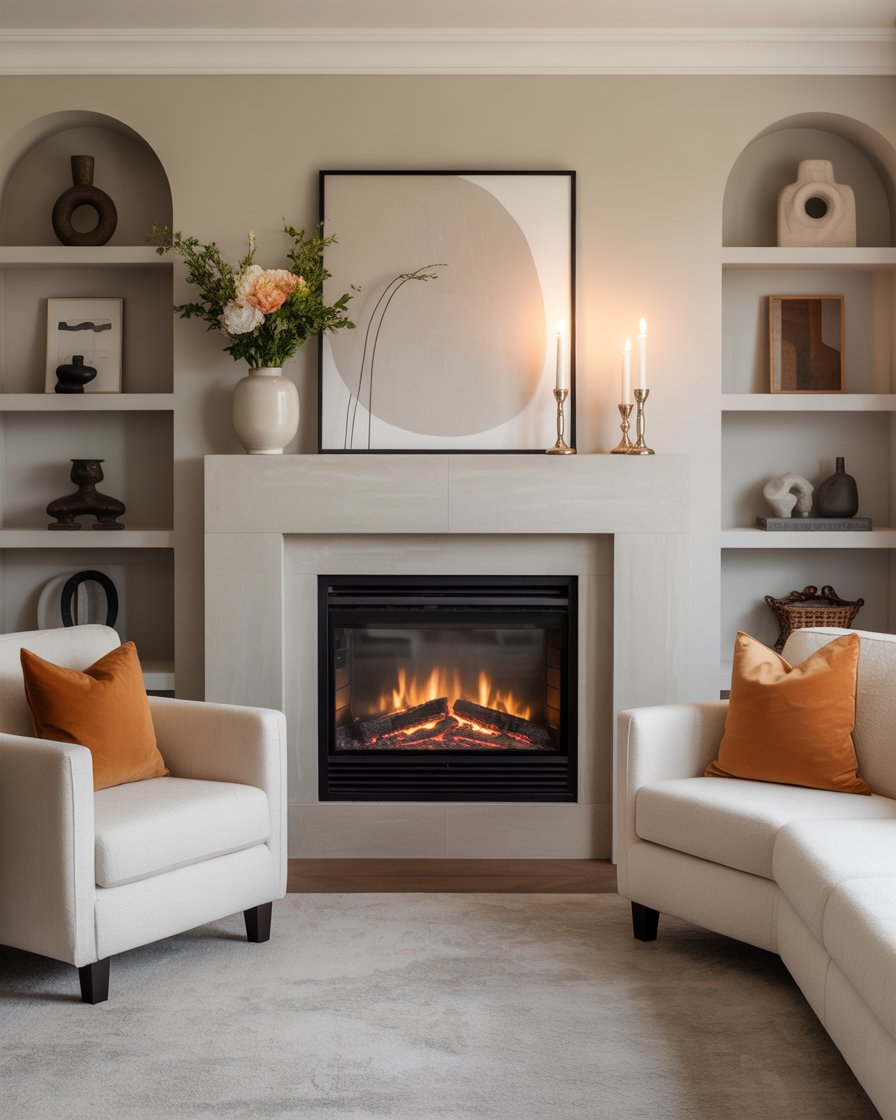 Family room with a glowing modern fireplace and a decorated mantle.