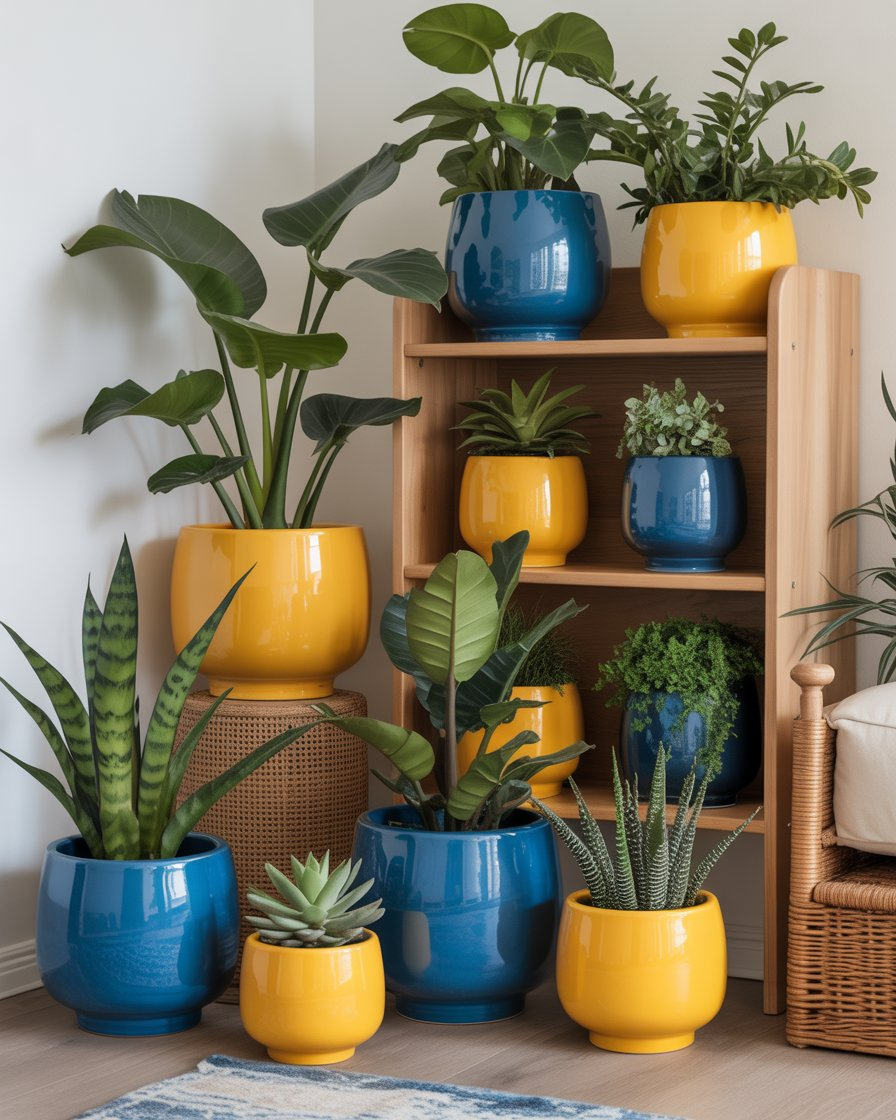 Indoor plants in blue and yellow pots adding a vibrant touch to the boho room.