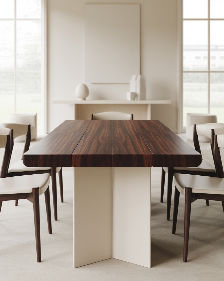 Dark wood dining table with white legs in a modern minimalist dining room.