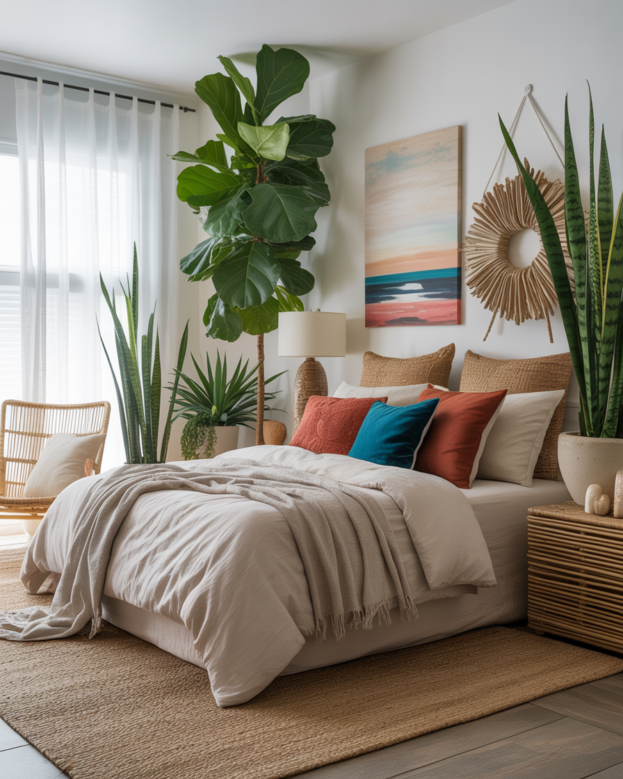 A boho coastal bedroom with lush indoor plants like snake plants and a fiddle leaf fig.
