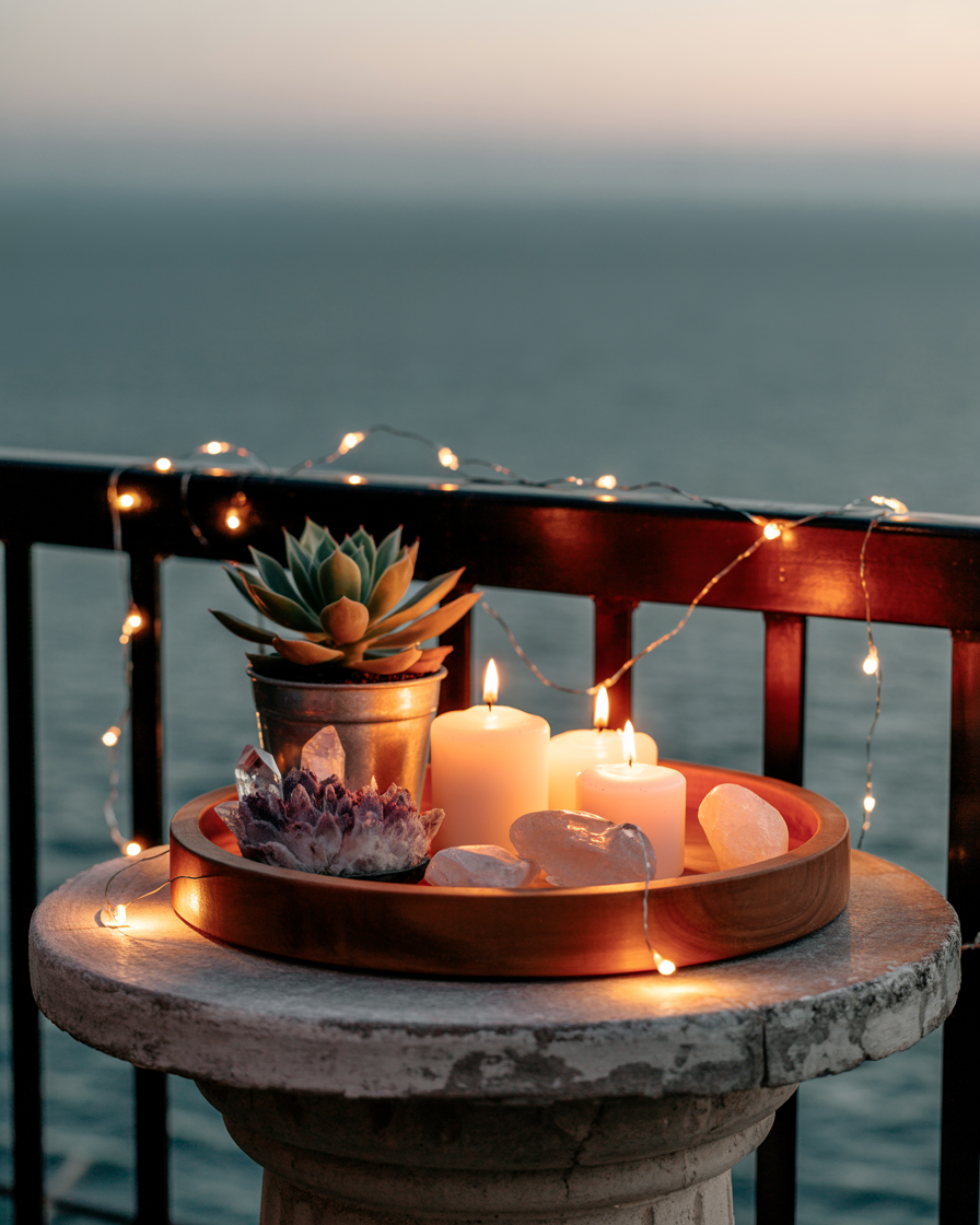 Candle tray centerpiece on balcony table