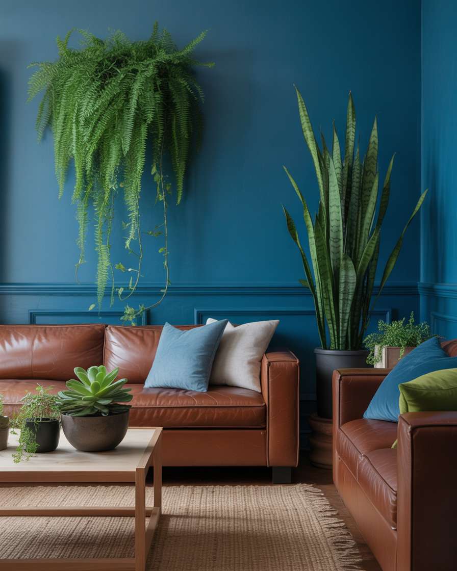 Stylish living room with blue and brown tones enhanced by fresh greenery for a vibrant, natural touch.