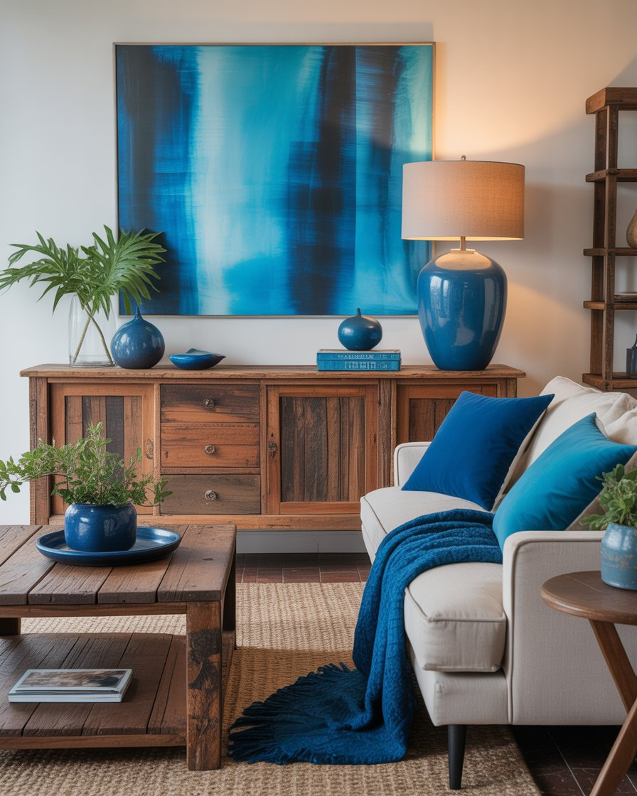 Rustic-inspired living room with reclaimed wood furniture and modern blue accents for a charming, eclectic vibe.