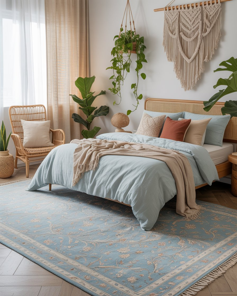 A boho bedroom with a light blue patterned rug adding warmth and color to the space.