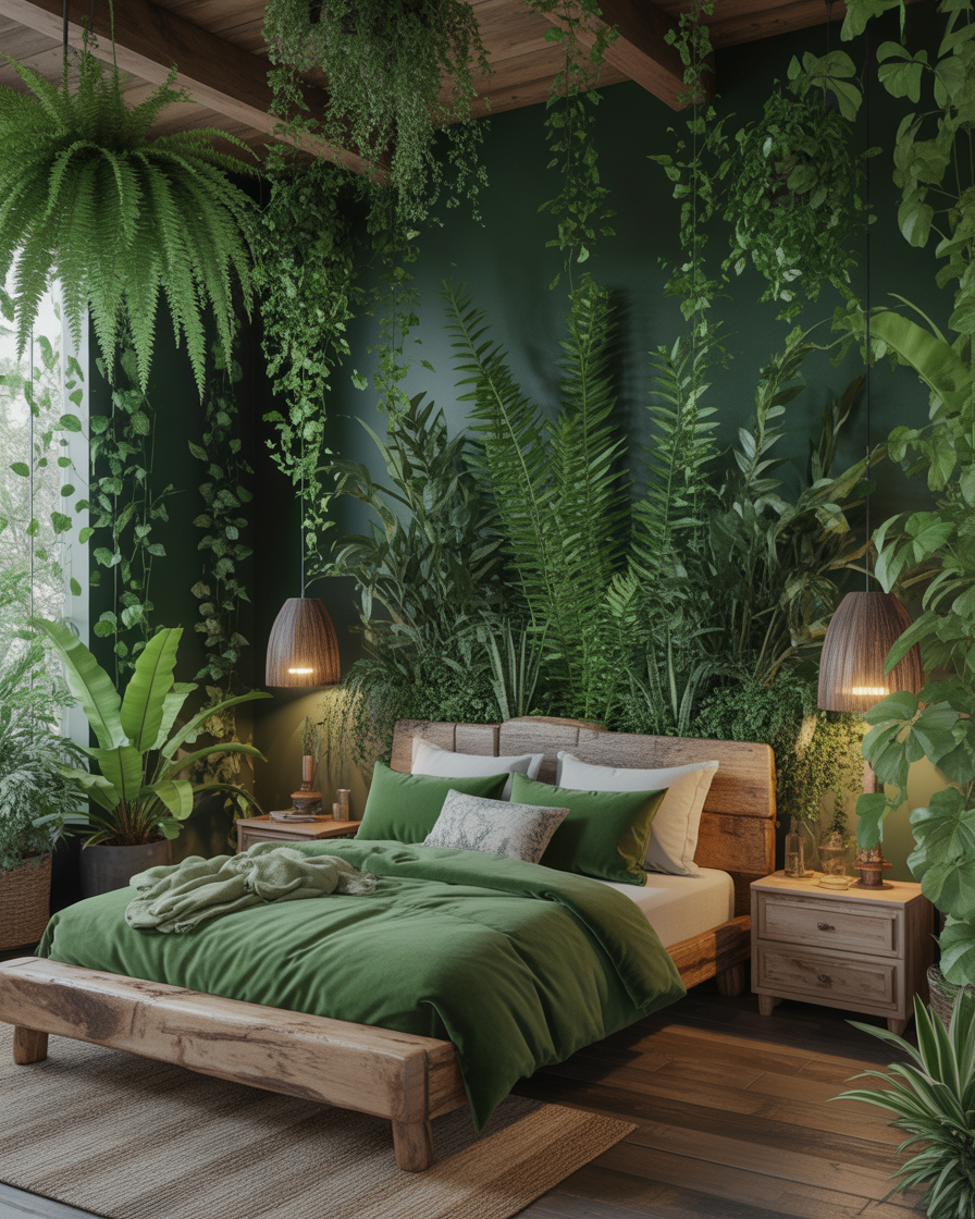 Moody bedroom with plants and natural materials creating a serene, earthy retreat.