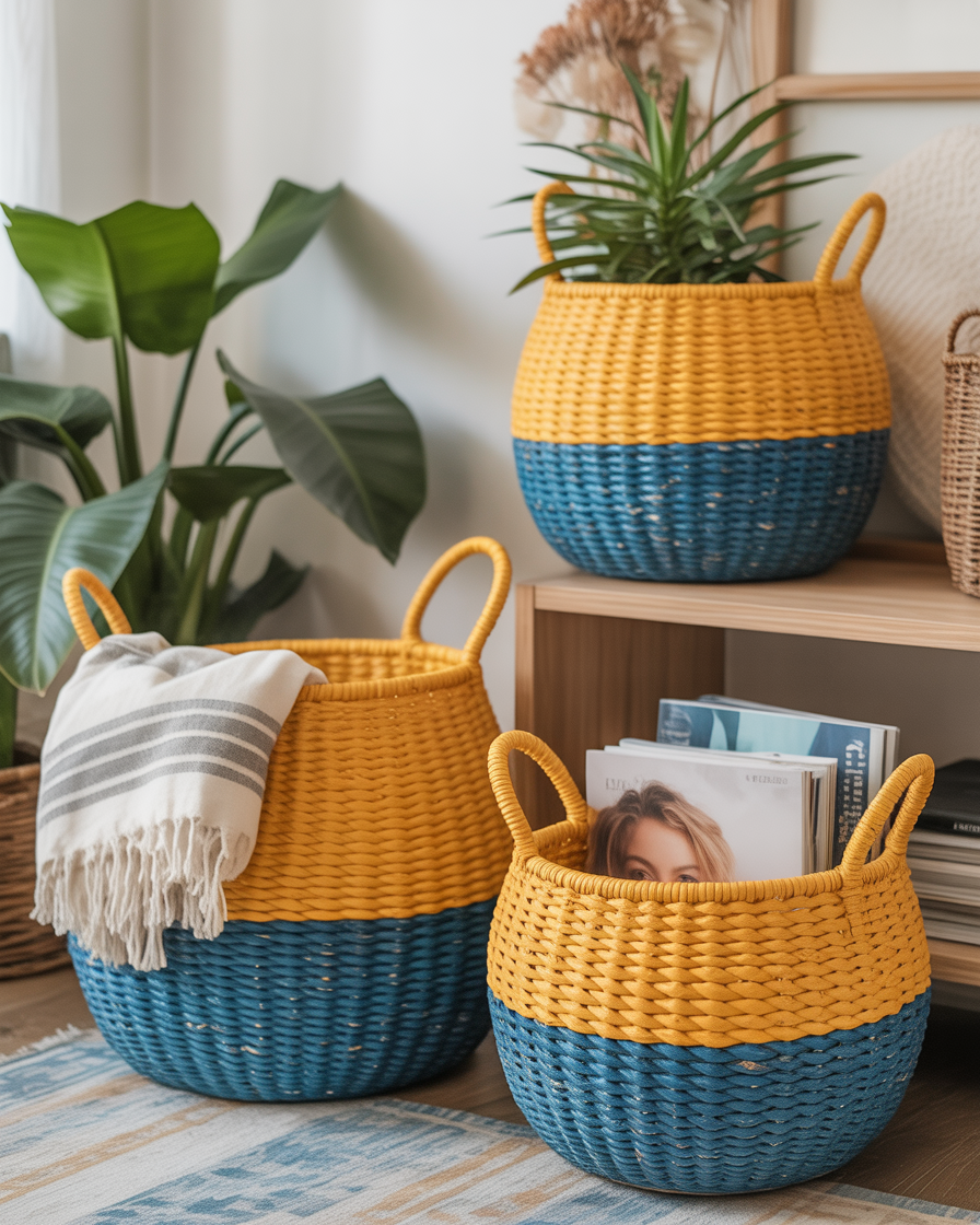 Yellow and blue woven baskets adding texture and practicality to a boho room
