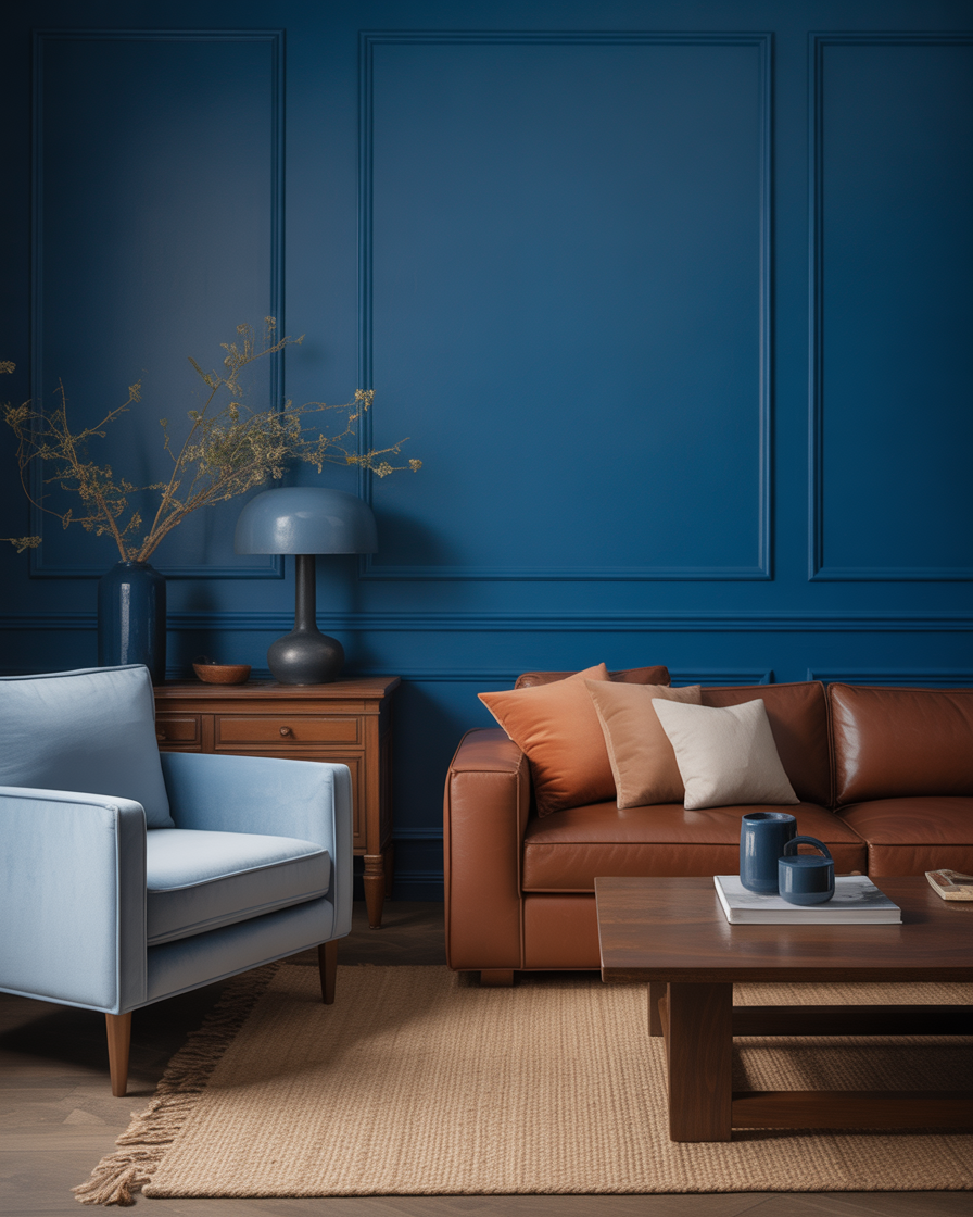 Monochromatic living room with varying shades of blue and brown creating a harmonious, layered look.