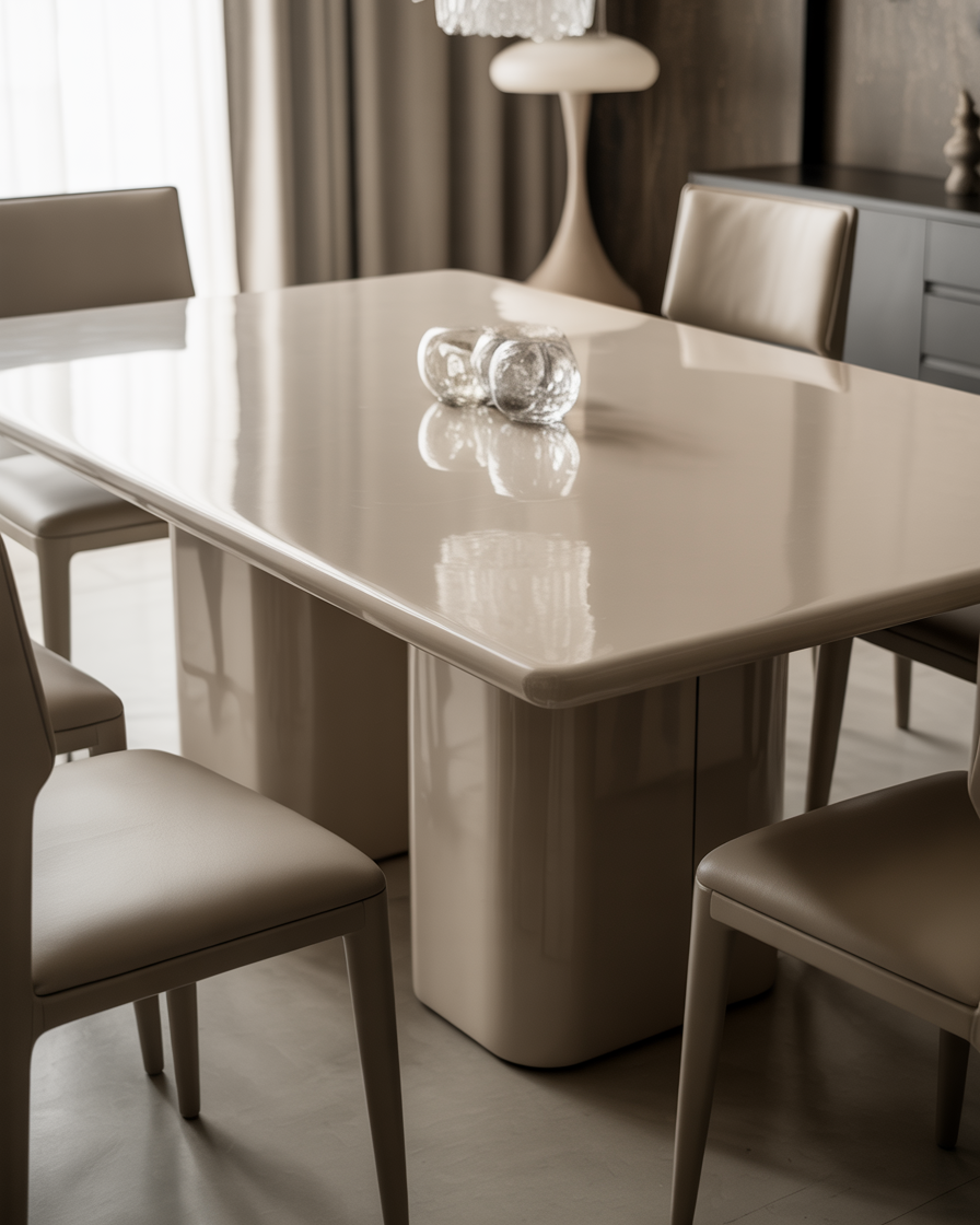 White lacquer mid-century dining table in a contemporary dining area.