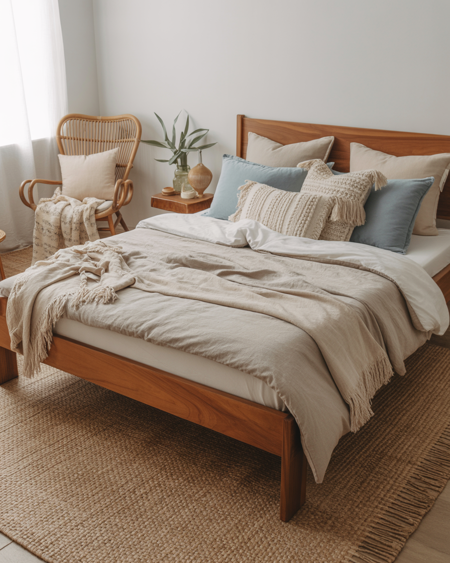 A boho bedroom with rattan furniture and light blue accents.