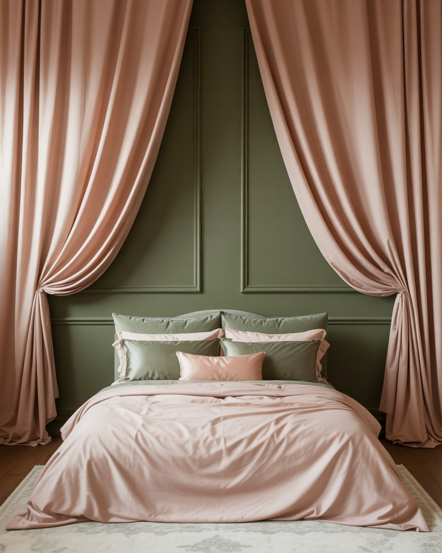 Bedroom with blush curtains and sage green walls creating a calming atmosphere.