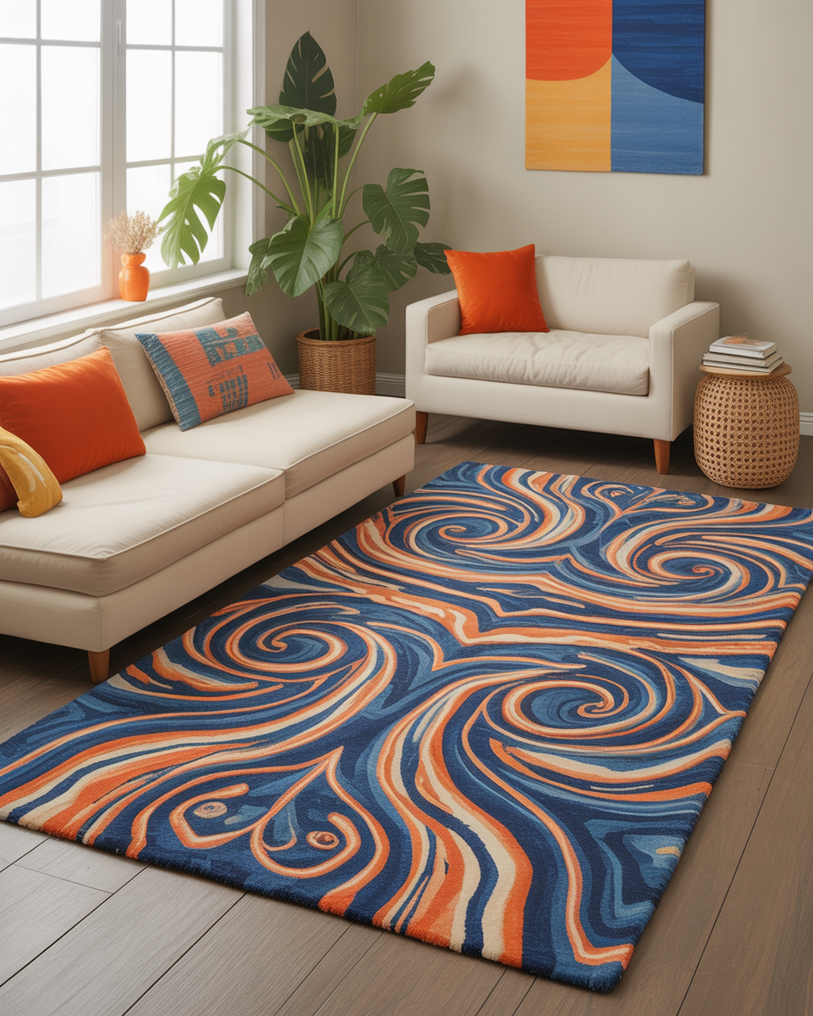 Living room with a bold blue and orange geometric rug that complements the furniture and adds vibrancy.