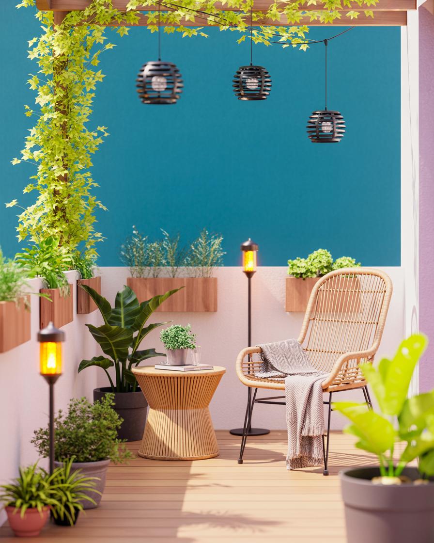 Eco-friendly balcony lighting using solar-powered lanterns and lights