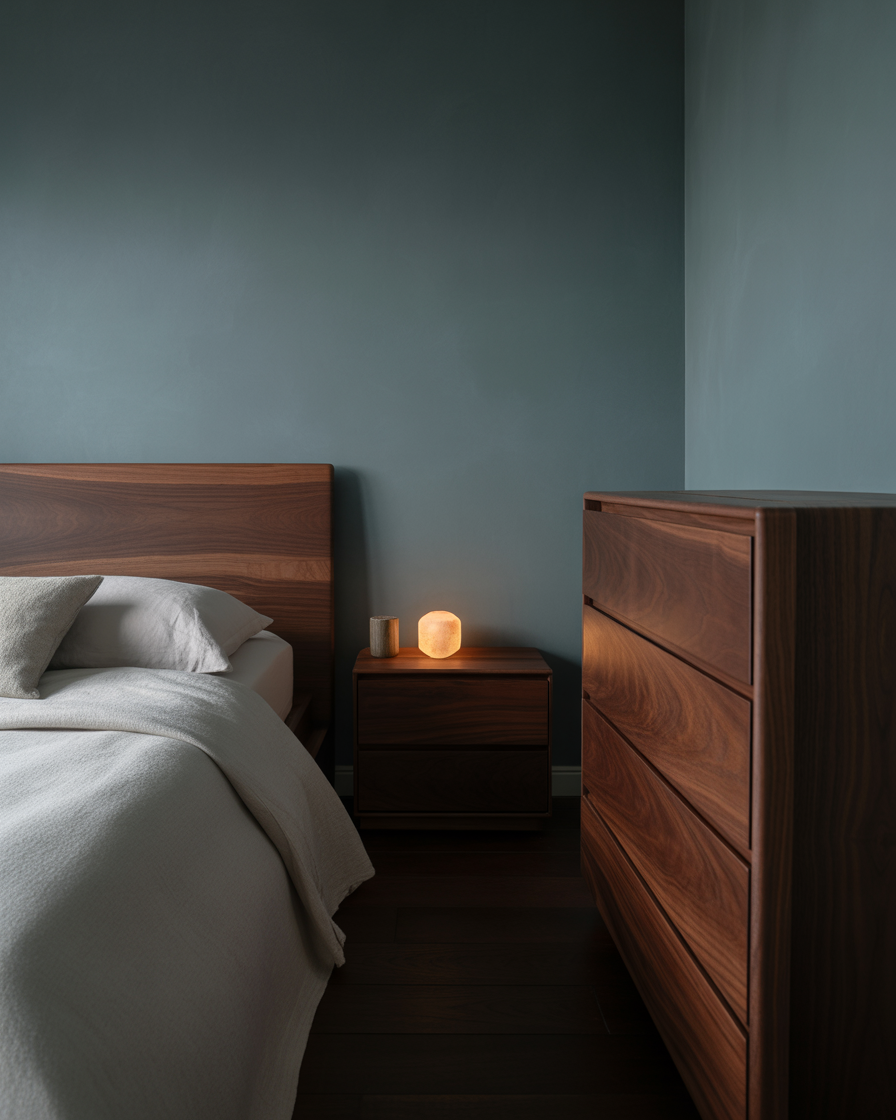 Elegant moody bedroom with dark walnut furniture and grey walls for a peaceful and grounded atmosphere.