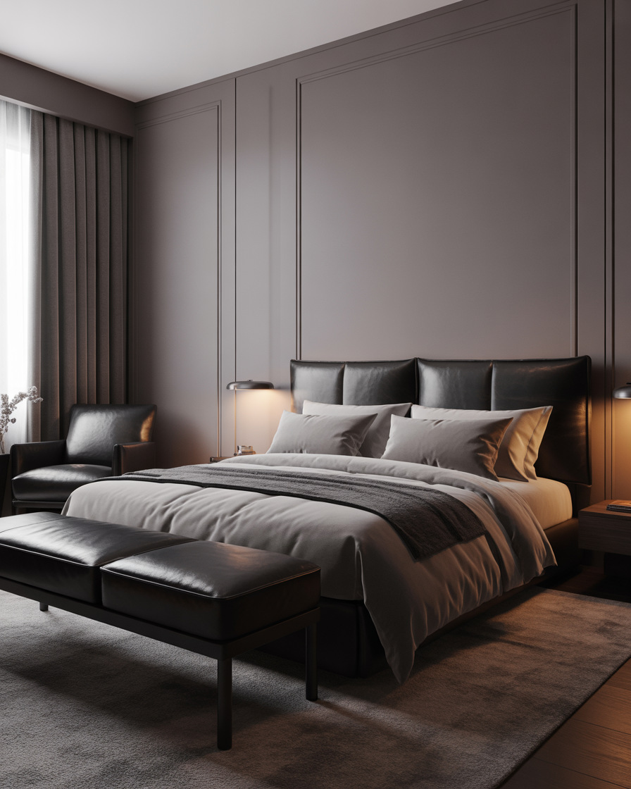 Contemporary moody bedroom with grey walls and black leather furnishings, offering a minimalist yet cozy feel.